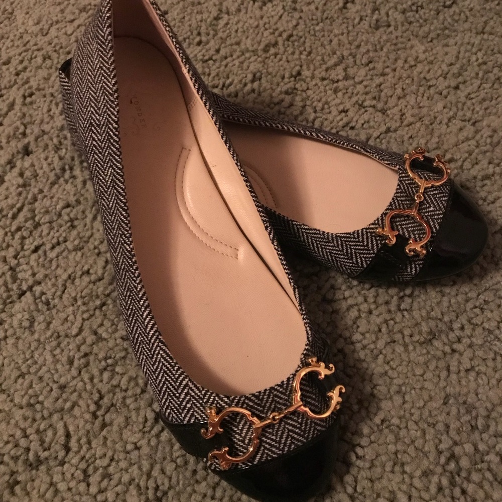 C Wonder Black/Gray Herringbone Double C Flats 8.5